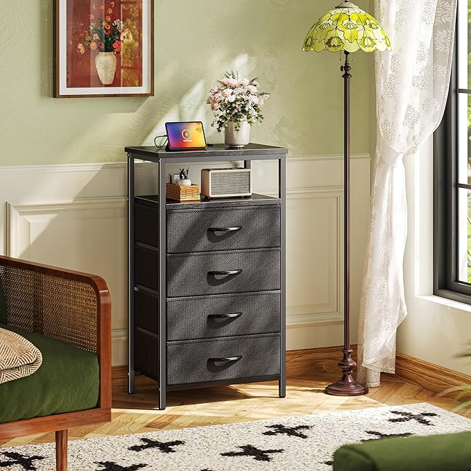 Huuger Night Stand with Charging Station, 4 Drawer Dresser for Bedroom, Bedside Table, 33.9 Inch Tall Nightstand with Open Shelf, End Table, for Closet, Entryway, Bedroom, Black