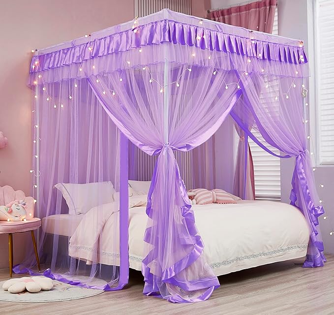 Mengersi Canopy Bed Curtains Queen Size - Bed Canopy Curtains - 4 Opening Canopy for Bed- Cute Princess Bedroom Decoration Gift (Purple, Queen)
