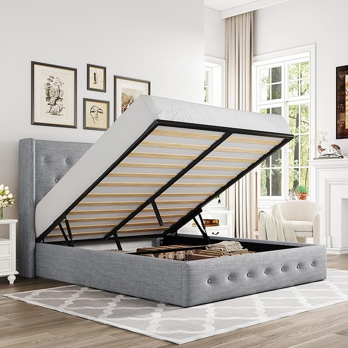 Allewie Queen Size Lift Up Storage Bed, Button Tufted Headboard with Wingback, Hydraulic Support, No Box Spring Needed, Light Grey