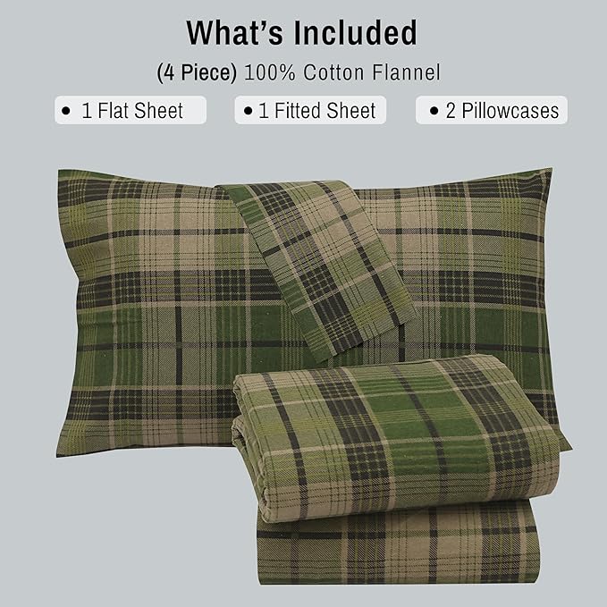 RUVANTI Flannel Sheets California King Size - 100% Cotton Brushed Cal King Bed Sheets Set - Deep Pockets 14 Inches - All Seasons Breathable & Extra Soft - Warm & Cozy, 4 Piece, DNA Plaid
