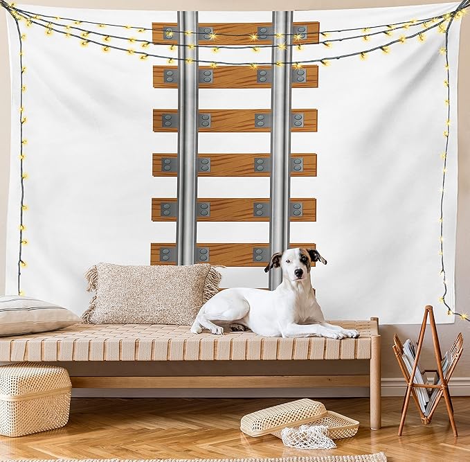 Lunarable Train Tapestry King Size, Vertical Tracks Railroad for Trains Ways of Transportation in The Old Days, Wall Hanging Bedspread Bed Cover Wall Decor, King Size, Brown White