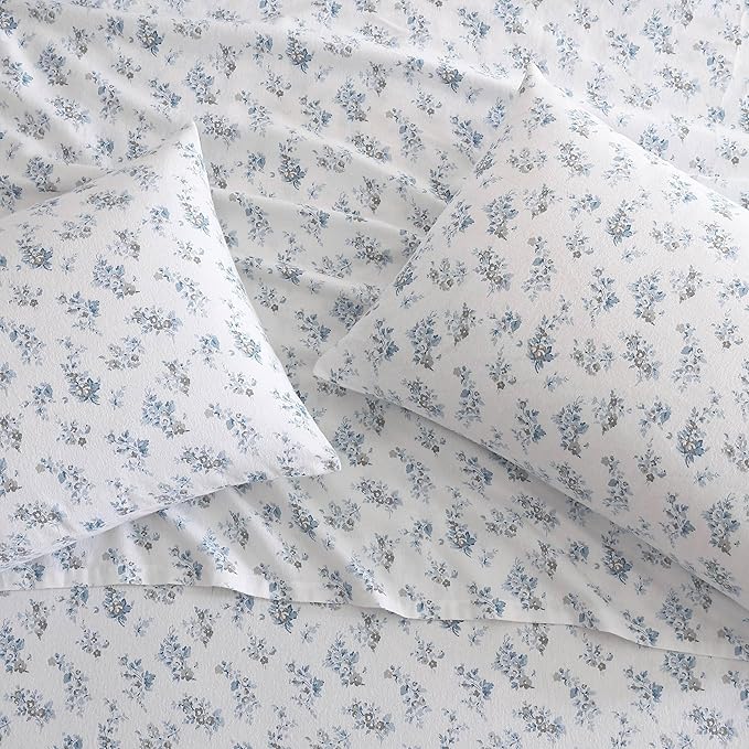 Laura Ashley - Flannel Sheets Full Size, Anti-Pilling & Wrinkle Resistant Cotton, Touchably Soft for All-Season Comfort - Bed Sheets with Matching Pillowcases & Fitted Sheet (Audrey Blue)