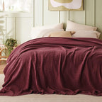 Bedsure Cooling Cotton Waffle Queen Size Blanket - Lightweight Breathable Blanket of Rayon Derived from Bamboo for Hot Sleepers, Luxury Throws for Bed, Couch and Sofa, Burgundy, 90x90 Inches