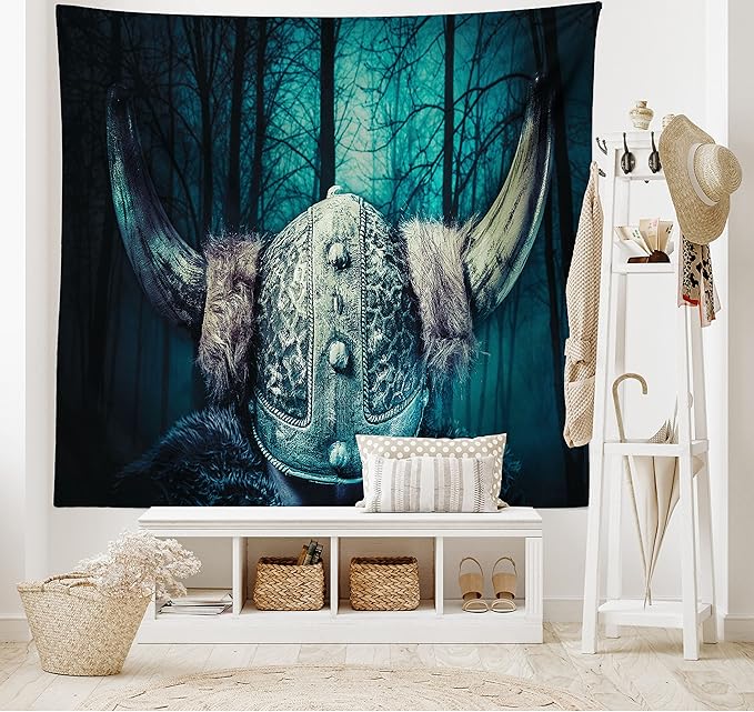 Lunarable Viking Tapestry, Barbarian Warrior Head with Horns in Mystical Scandinavian Forest, Wide Wall Hanging for Bedroom Living Room Dorm, 80" X 60", Petrol Blue Sand Brown