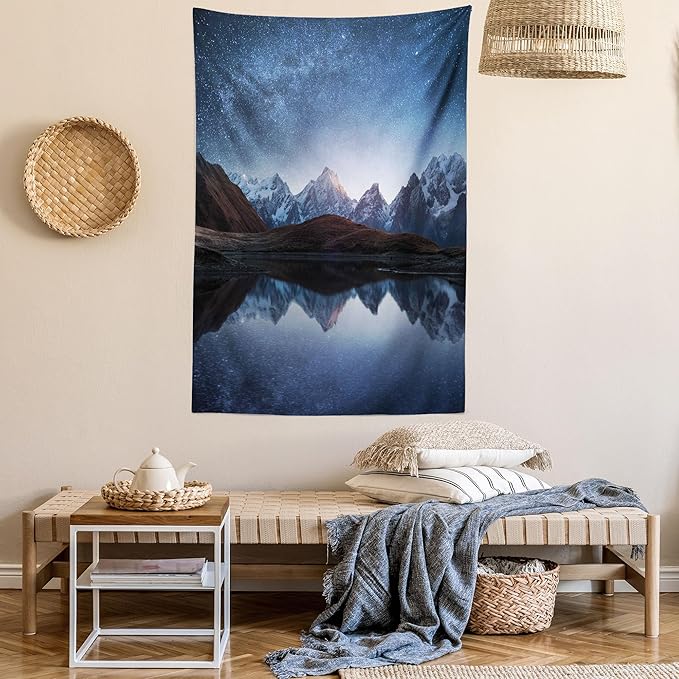 Lunarable Star Tapestry Queen Size, Night Sky with Milky Way Over a Mountain Landscape Lake Cosmos Galaxy Scenery Universe, Wall Hanging Bedspread Bed Cover Wall Decor, Queen Size, Brown Blue