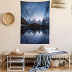 Lunarable Star Tapestry Queen Size, Night Sky with Milky Way Over a Mountain Landscape Lake Cosmos Galaxy Scenery Universe, Wall Hanging Bedspread Bed Cover Wall Decor, Queen Size, Brown Blue