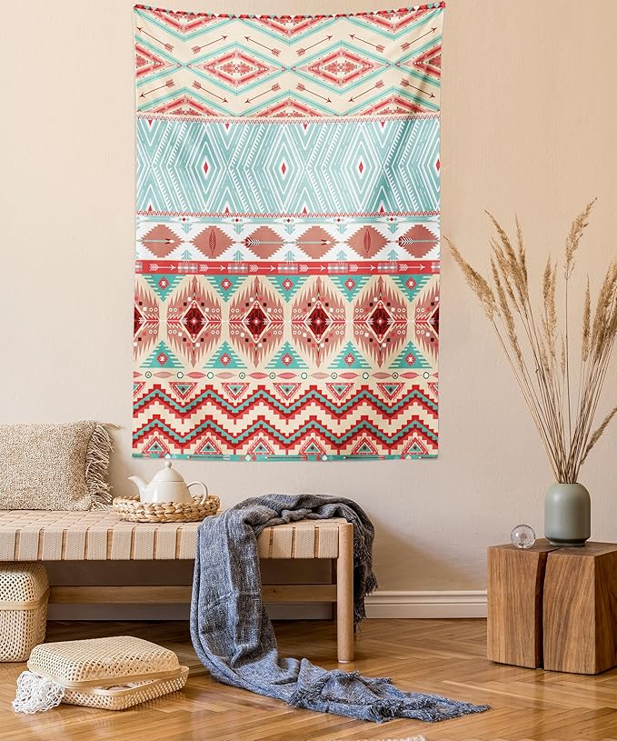 Lunarable Aztec Tapestry Queen Size, Culture Inspirations Ornamental Indigenous Chevron, Wall Hanging Bedspread Bed Cover Wall Decor, Queen Size, Turquoise Beige