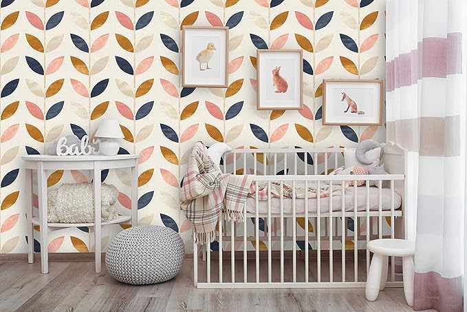 Removable Peel 'n Stick Wallpaper, Self-Adhesive Wall Mural, Rose Gold Blue Floral Pattern, Nursery Baby’s Room Decor • Scandinavian Design (24"W x 132"H Inches)