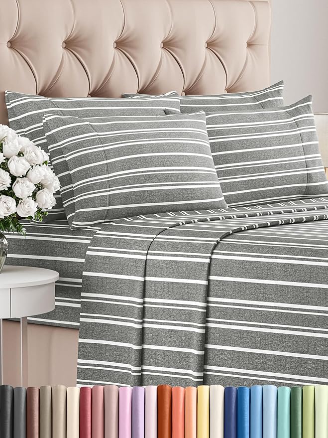 Full 6 Piece Sheet Set - Comfy Breathable & Cooling - Soft Hotel Luxury Bedding Set with 8-16 Inch Deep Pockets - 1 Flat & 1 Fitted Sheet & 4 Pillowcases - Wrinkle Free & Easy Care - Grey Stripes 3