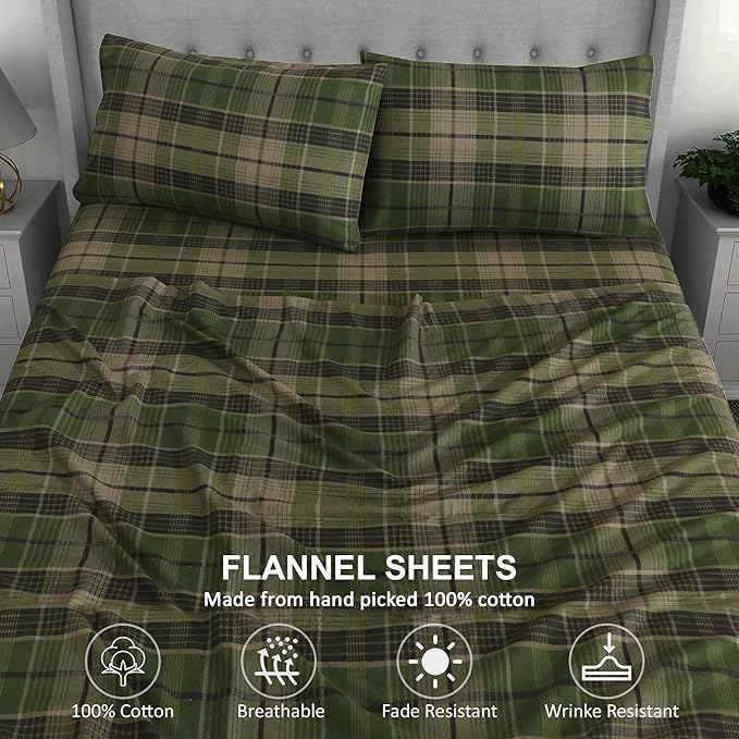 RUVANTI Flannel Sheets Split King Size - 100% Cotton Brushed Split King Bed Sheets Set, Deep Pockets 16 Inches, All Seasons Breathable & Extra Soft, Warm & Cozy, 5 Piece, DNA Plaid