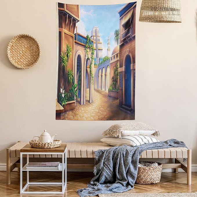Lunarable City Tapestry, Babylon City Gardens Architecture 7 Wonders of the World, Fabric Wall Hanging Decor for Bedroom Living Room Dorm, 30" X 45", Caramel Green