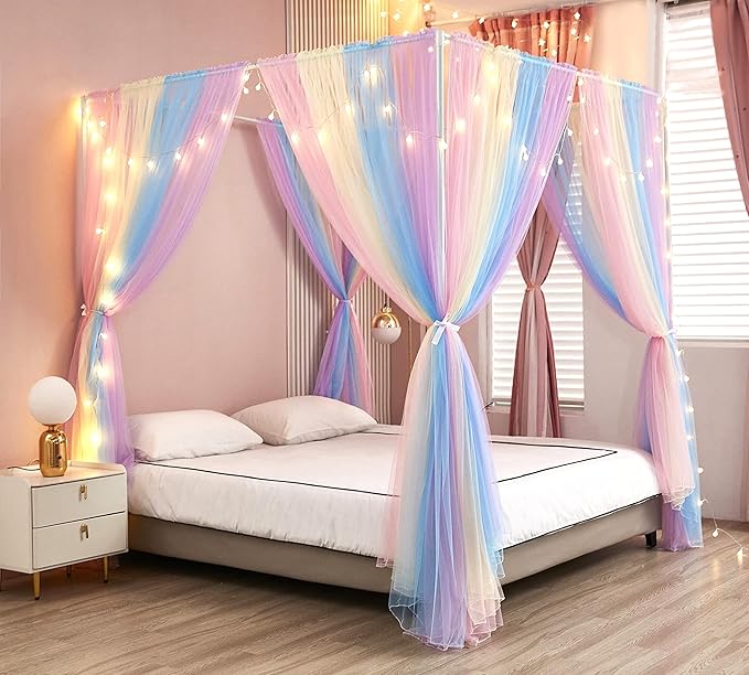 Akiky Canopy Bed Curtains with Lights 4 Corner Post Bed Canopy for Adults Girls, Rainbow Bed Drapes Netting-8 Panel Curtains,King