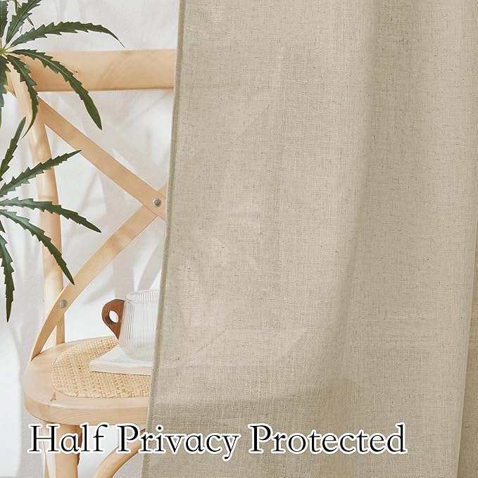 RYB HOME Semi Sheer Curtains - Linen Sheer Curtains Privacy Window Decor for Living Room Home Office Cafe Bay Window, Beige, 52 x 108 inch Long, 2 Pcs