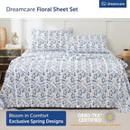 DREAMCARE King Size Floral Sheets - 4pc King Bed Set - Cooling & Soft Long Lasting - Floral Blue