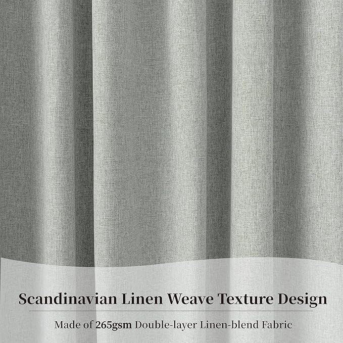 KangBang Full Blackout Linen Curtains 108 Inch Length, Noise Reducing Sun Blocking Curtains for Bedroom Dining Room, Back Tab Loop Pocket Pleated Floor to Ceiling Drapes(52Wx108L, Ash Fog Grey,2 PCs)
