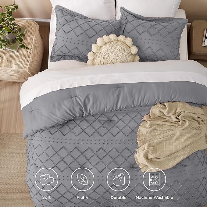 Bedsure King Comforter Set - Grey Comforter, Boho Tufted Shabby Chic Bedding for Kids, 3 Pieces Vintage Farmhouse Bed Set for All Seasons, Fluffy Soft Bedding with 2 Pillow Shams