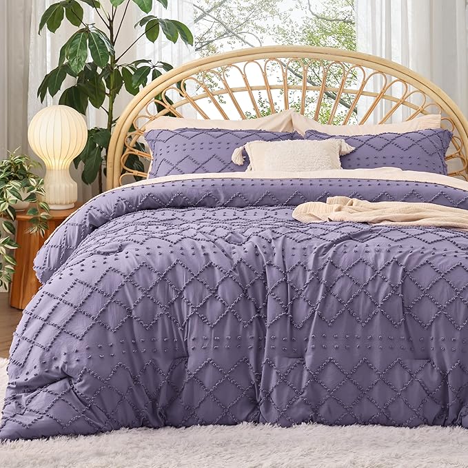 Bedsure King Comforter Set - Grayish Purple Comforter, Boho Tufted Shabby Chic Bedding for Kids, 3 Pieces Vintage Farmhouse Bed Set for All Seasons, Fluffy Soft Bedding with 2 Pillow Shams