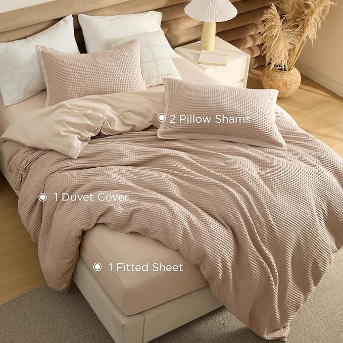 Bedsure 100% Cotton Duvet Cover King Size with Fitted Sheet - 4 Pieces Khaki Waffle Weave Bedding Set, GentleSoft™ and Breathable, Includes 1 Duvet Cover 104x90, 1 Fitted Sheet, 2 Pillow Shams