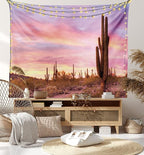 Ambesonne Saguaro Tapestry, Saguaros Wilderness Nature Ecosystem Sun Rays Clouds Scenic Picture, Wide Wall Hanging for Bedroom Living Room Dorm, 80" X 60", Lilac Pale Pink Green