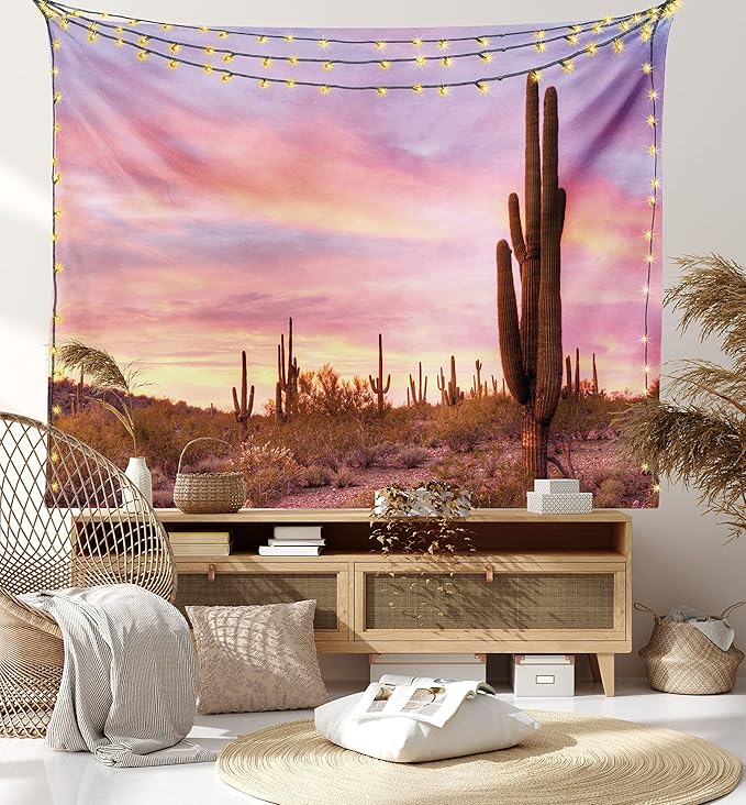 Ambesonne Saguaro Tapestry, Saguaros Wilderness Nature Ecosystem Sun Rays Clouds Scenic Picture, Wide Wall Hanging for Bedroom Living Room Dorm, 80" X 60", Lilac Pale Pink Green