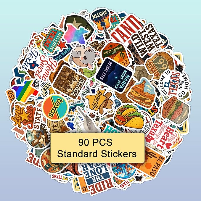 100 PCS Texas Travel Stickers Pack, Vinyl Waterproof Decals with Cowboy Boots Hats Longhorn Desert Cactus State Icons and City, Gift for Kids Teens Adults Wall Water Bottle Scrapbook Car Decor