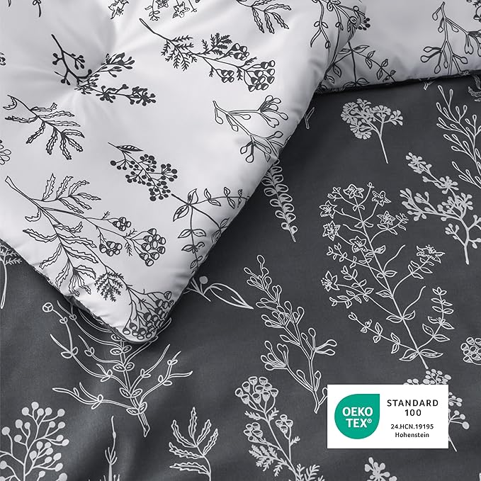 Bedsure Oversized Queen Comforter Set - Dark Grey Bed Set, 3 Pieces Cute Floral Bedding, 1 Soft Reversible Botanical Flowers Comforter and 2 Pillow Shams