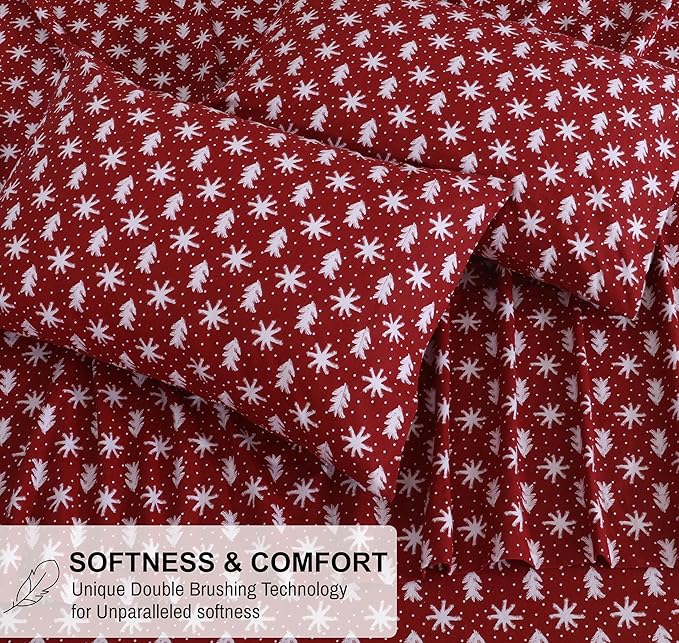 RUVANTI Flannel Sheets Twin Size - 100% Cotton Double Brushed Twin Sheets Set, Deep Pockets 16 Inches, All Seasons Breathable & Extra Soft Bed Sheets, Warm & Cozy, 3 Piece, Red Christmas