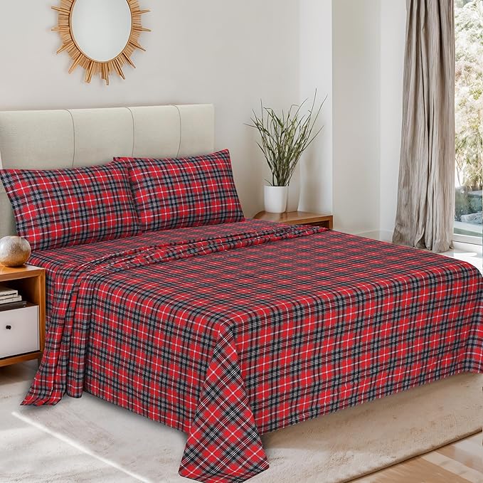 RUVANTI Flannel Sheets King Size - 100% Cotton Brushed King Size Sheets Set - Deep Pockets 16 Inches Bed Sheets - All Seasons Breathable & Extra Soft - Warm & Cozy, 4 Piece, Red Plaid