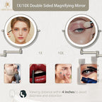 Rechargeable Wall Mounted Lighted Makeup Vanity Mirror 8 Inch Double Sided 1X 10X Magnifying Bathroom Mirror, 3 Color Lighting, Touch Screen, 360 Rotation, Shaving Mirror Brushed Nickel