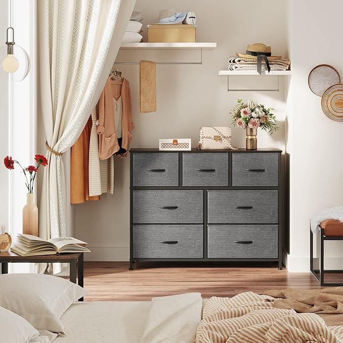 WLIVE 7 Drawer Dresser TV Stand, Entertainment Center, Media Console Table with Metal Frame and Wood Top for TV up to 45 inch, Chest of Drawers for Bedroom, Living Room, Dark Grey