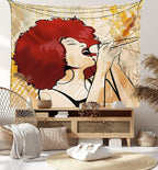 Lunarable Afro Tapestry, Popular Singer Karaoke Style Microphone Performance American Woman, Fabric Wall Hanging Decor for Bedroom Living Room Dorm, 45" X 30", Burgundy Orange