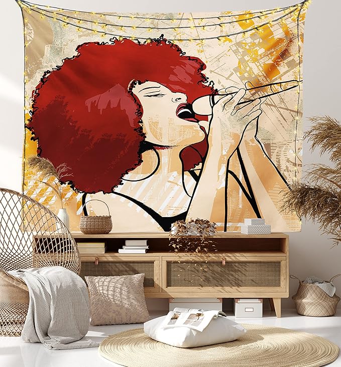 Lunarable Afro Tapestry, Popular Singer Karaoke Style Microphone Performance American Woman, Fabric Wall Hanging Decor for Bedroom Living Room Dorm, 45" X 30", Burgundy Orange
