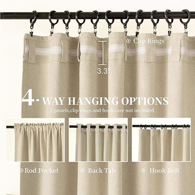 KangBang Latte Beige Blackout Curtains 102 Inches Long, Thermal Insulated Light Blocking Back Tab Pleated Curtains for Living Room, Soft Linen Textured Farmhouse Boho Curtains 2 Panels, 52x102 Inch