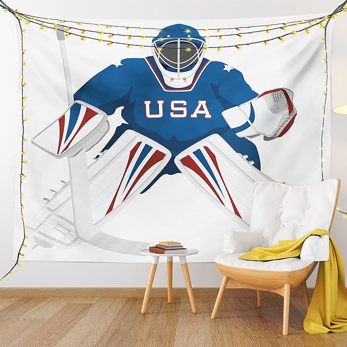 Ambesonne Sports Tapestry, USA Hockey Goalie Protection Jersey Sport Wear Activity Hobby Illustration, Wall Hanging for Bedroom Living Room Dorm Decor, 40" X 60", Burgundy White