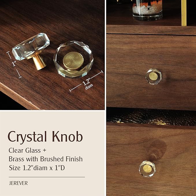JEREVER 2 Pack Glass Crystal Knobs Brass Drawer Pull Cabinet Handle Gold Furniture Hardware for Dresser Kitchen (Polygon)