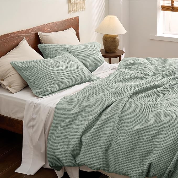 Bedsure Cotton Duvet Cover Queen - 100% Cotton Waffle Weave Sage Green Duvet Cover Queen Size, GentleSoft™ and Breathable Bedding Set for All Season, 3 Pieces, 90"x90"