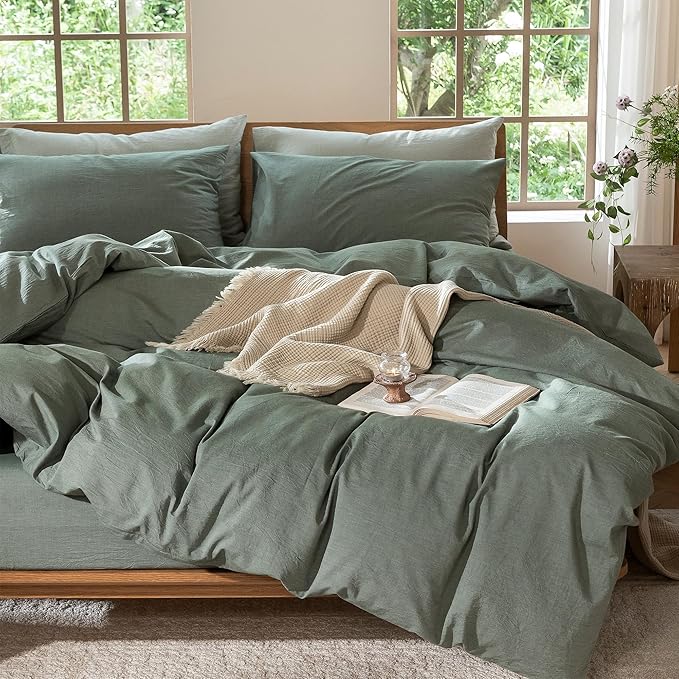 MooMee Bedding Duvet Cover Set 100% Washed Cotton Linen Like Textured Breathable Durable Soft Comfy (Heathered Green, Super King 108"x98")