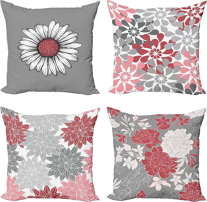 Ambesonne Floral Throw Pillow Cushion Case Pack of 4, Flower Petals Modern Color Palette Chamomile Peony Dahlia and Sunflower Print, Modern Accent Double-Sided Digital Printing, 18", Dark Coral Grey