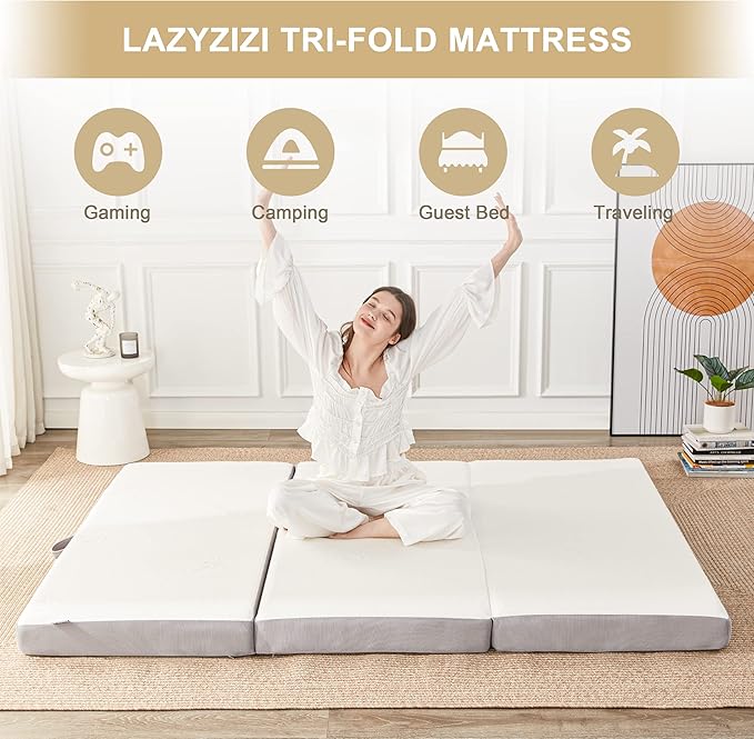 Folding Memory Foam Mattress, 4" Tri-fold with Breathable Washable Bamboo Fiber Cover, Foldable Guest Bed for Camping, Road Trip, Queen
