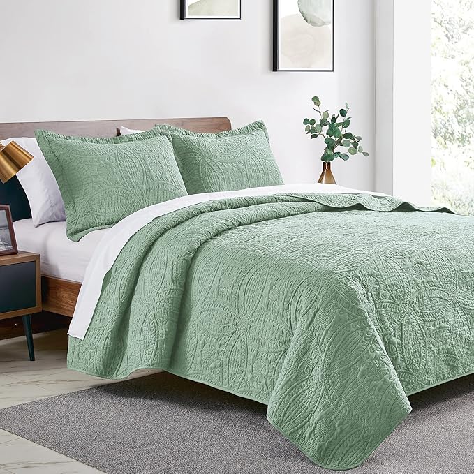 Love's cabin Twin Quilt Set Sage Bedspreads - Soft Bed Summer Lightweight Bedspread Comforter - Modern Style Coin Pattern Coverlet for All Season - 2 Pieces (1 Quilt, 1 Pillow Sham)