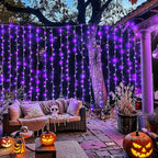 JMEXSUSS 300LED Purple Christmas Lights with Remote, Curtain Hanging Light Plug in, 8 Modes Purple String Lights for Bedroom Window Wall Party Backdrop Halloween Christmas Decorations