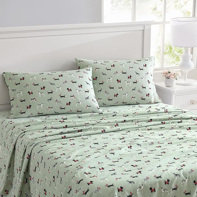 Laura Ashley - Flannel Sheets Queen Size, Anti-Pilling & Wrinkle Resistant Cotton, Touchably Soft for All-Season Comfort - Bed Sheets with Matching Pillowcases & Fitted Sheet (Holiday Pups Green)