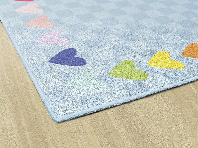Flagship Carpets Schoolgirl Style Blue with Rainbow Hearts Border Educational Area Rug for Kids Room Seating Décor, Children's Classroom, Play Carpet for Teaching and Playroom, 7'6" x 12', Blue