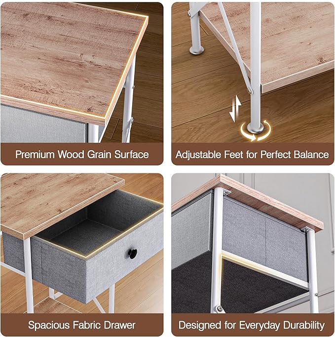 VECELO Nightstand with Drawer, Set of 2, Small Bedside Table with Storage and Adjustable Metal Legs, Wood End Table for Bedroom or Living Room, Perfect for Small Spaces and Modern Décor, Light Brown