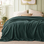 Bedsure Cooling Cotton Waffle Queen Size Blanket - Lightweight Breathable Blanket of Rayon Derived from Bamboo for Hot Sleepers, Luxury Throws for Bed, Couch and Sofa, Dark Green, 90x90 Inches