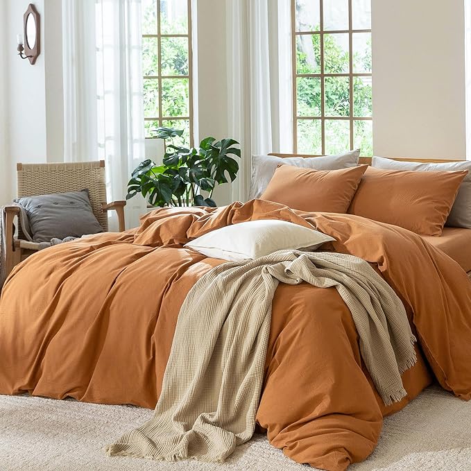 MooMee Bedding Duvet Cover Set 100% Washed Cotton Linen Like Textured Breathable Durable Soft Comfy (Solid Burnt Orange, Oversized Queen 98"x98")