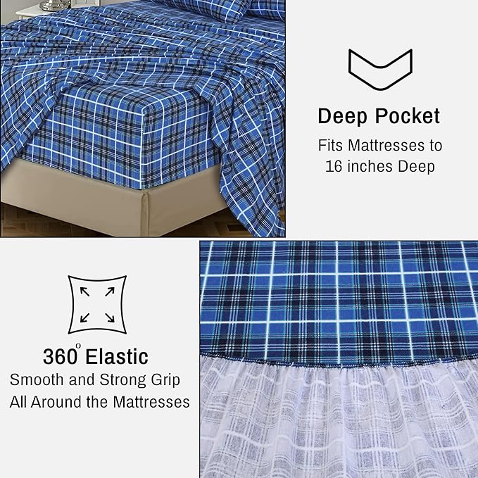 RUVANTI Flannel Sheets Split King Size - 100% Cotton Brushed Split King Bed Sheets Set, Deep Pockets 16 Inches, All Seasons Breathable & Extra Soft, Warm & Cozy, 5 Piece, Blue Plaid