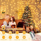 Ollny Curtain Lights 6.6x6.6ft, 200 LED String Lights with Remote 8 Modes Dimmable Timer, USB Power Fairy Light for Bedroom Backdrop Indoor Wall Window Christmas Decorations, Warm White