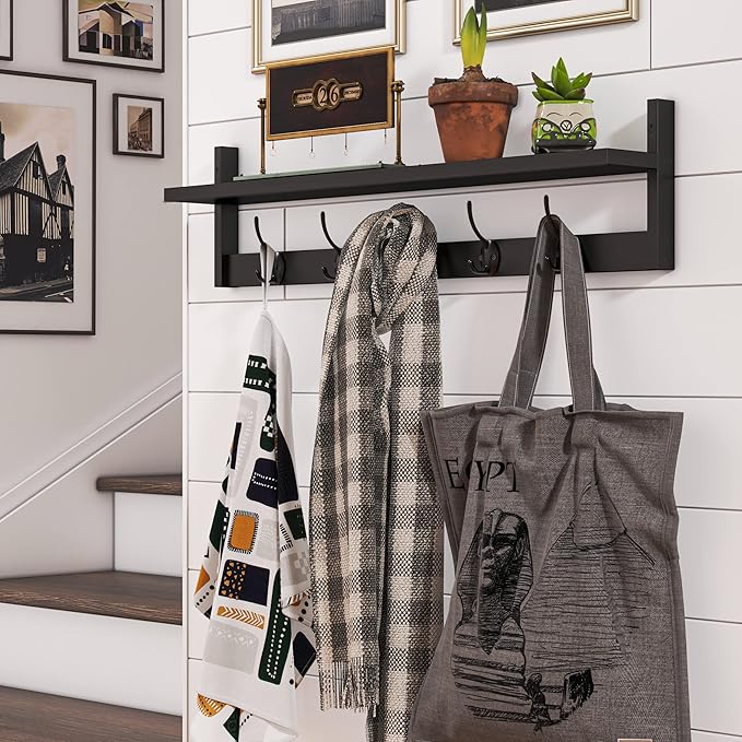 BAMEOS Wall-Mounted Shelf with Hooks - 28.9 Inch Entryway Hanging Shelf with 5 Dual Hooks for Bathroom, Living Room, Bedroom (Black)