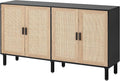 Finnhomy 4 Door Sideboard Buffet Cabinet, Kitchen Storage Cabinet with Rattan Decorated Doors, Cupboard Console Table, Boho Accent Liquor Cabinet, Bar Cabient, 62.3X 15.7X 34.6 Inches, Black